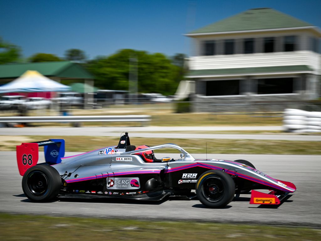Berg Racing Delivers Standout Recovery Drive at USF Juniors Round Two in South Carolina; Scores First Podium in the USF Pro Championships 1 Berg Racing car #68 navigating a corner at Carolina Motorsports Park with a clear lead.