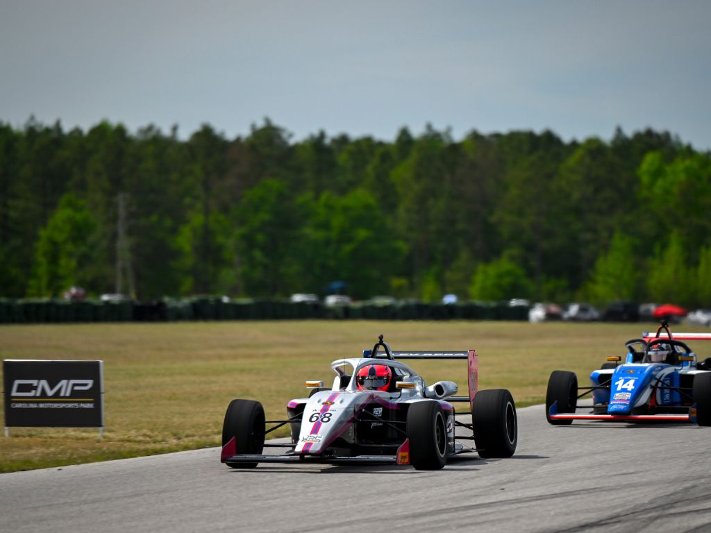 Berg Racing Delivers Standout Recovery Drive at USF Juniors Round Two in South Carolina; Scores First Podium in the USF Pro Championships 3 Berg Racing car #68 passing a competitor during a race at Carolina Motorsports Park.