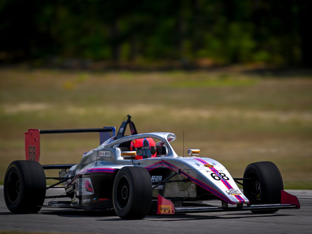 Berg Racing Delivers Standout Recovery Drive at USF Juniors Round Two in South Carolina; Scores First Podium in the USF Pro Championships 4 Berg Racing car #68 on the track at Carolina Motorsports Park, showcasing strong performance.