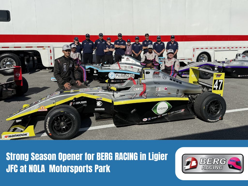 Berg Racing team posing with their car at NOLA Motorsports Park after a strong season opener in the Ligier Junior Formula Championship.