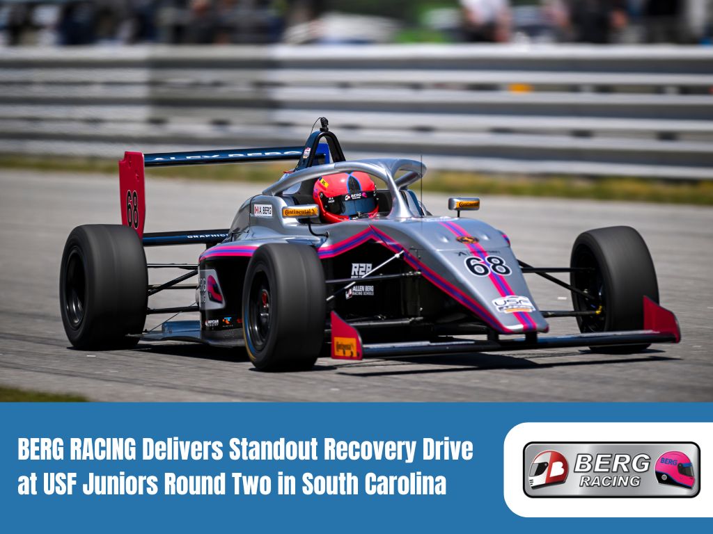 Berg Racing car in action during the USF Juniors Round Two in South Carolina, delivering a standout recovery drive.